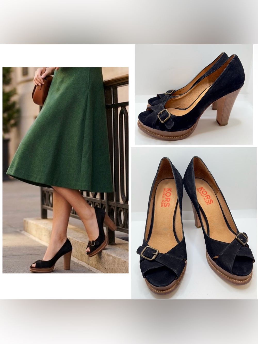 Michael Kors Black Suede Peep-Toe Block Heel Pumps with Buckle